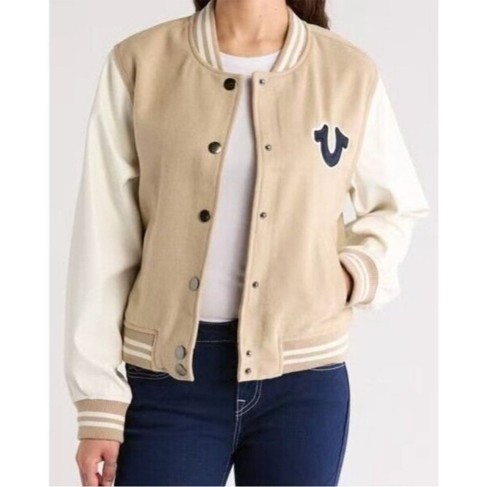 NEW True Religion Womens‎ True Varsity Jacket Travertine Winter White M